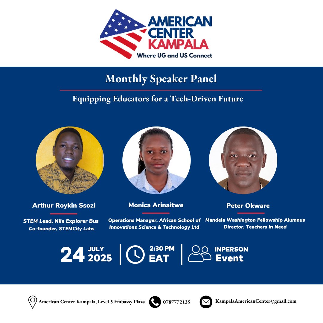 usmissionuganda's tweet image. Educators, Innovators & Tech Enthusiasts—save the date! Join us on July 24 at 2:30 PM for a dynamic panel at #AmericanCenterKampala: “Equipping Educators for a Tech-Driven Future.” Explore how technology is transforming education & driving innovation in the classroom.
Register…