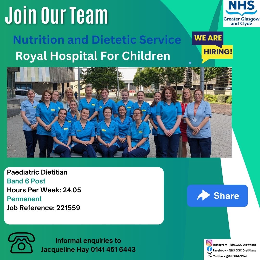 NHSGGCDiet's tweet image. 🚨 We’re hiring!
Join the Nutrition &amp;amp; Dietetic Service at the Royal Hospital for Children as a Paediatric Dietitian (Band 6) 
📍 Permanent | 24.05 hrs/week
📞 Enquiries: Jacqueline Hay  0141 451 6443
📌apply.jobs.scot.nhs.uk/internal/Job/J…
#NHS #Dietitian #HealthcareJobs #NHSGGC
