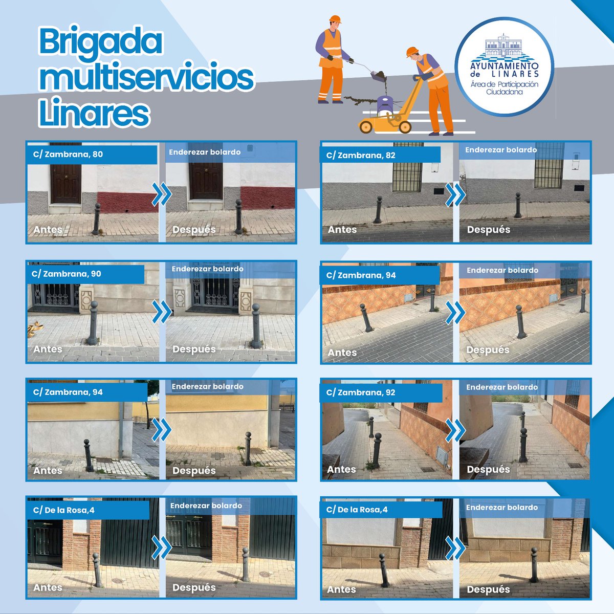 ⚪️ BRIGADA MULTISERVICIOS
Continúan las actuaciones de la brigada multiservicios de Resurja en diferentes zonas de #Linares.

✅ Una iniciativa del Área de Participación Ciudadana para realizar trabajos de mantenimiento urbano.

🚧 Intervenciones de mayo:
facebook.com/share/p/16bNxc…