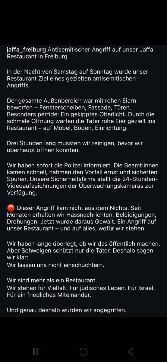 Das Restaurant Jaffa in <a href="/freiburg/">Freiburg im Breisgau</a> wurde am Wochenende Ziel einer antisemischen Attacke 🤬
Die Besitzer*innen, syrische Kurden, wollten mit seiner Eröffnung ein Zeichen für Verständigung und Frieden setzen. Die "proPalis" zeigen ihren antisemitischen Wahn