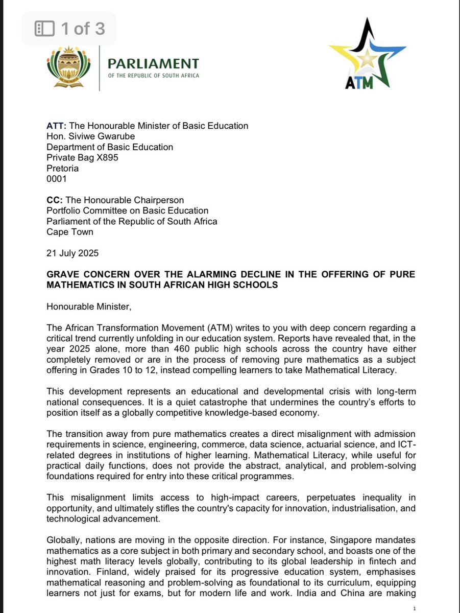ZungulaVuyo's tweet image. We have written to the Minister of Basic Education to raise our concerns over the decline in the offering of Pure Mathematics in High Schools across the country.