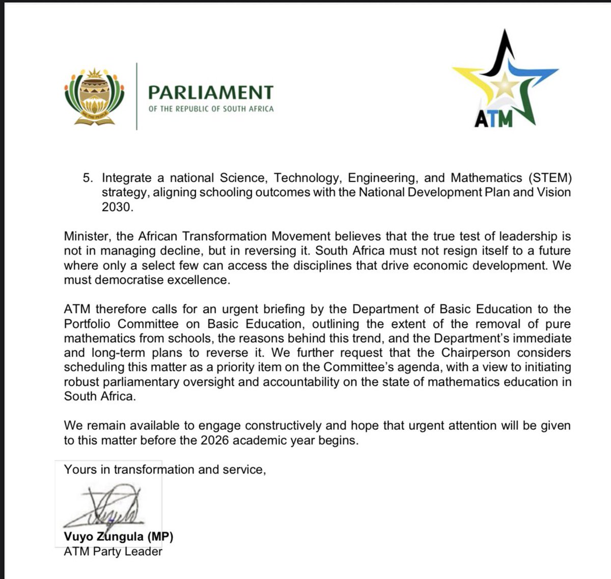 ZungulaVuyo's tweet image. We have written to the Minister of Basic Education to raise our concerns over the decline in the offering of Pure Mathematics in High Schools across the country.