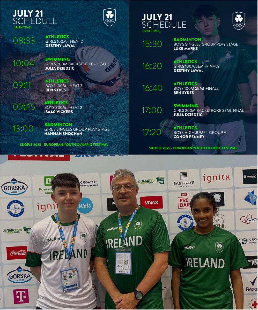 Day one of the European Youth Olympic Festival.

Hannah and Luke start their group stage matches.

Hannah Shochan 🇮🇪 v Matilda Simma 🇦🇹 
Luke Marks 🇮🇪 v Ivan Dzhus 🇺🇦 

Goodluck team 💪☘️