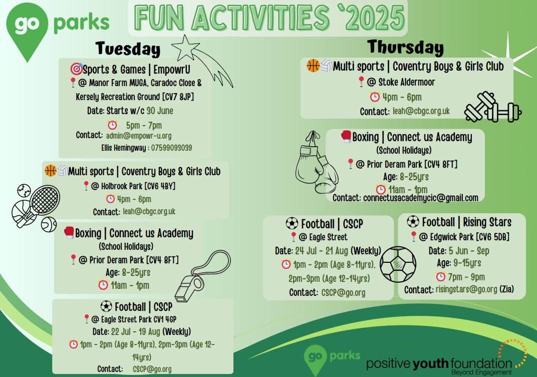 Coventry Park Rangers (@covparkranger) on Twitter photo Check out the Go Parks Summer schedule of events for the kids to take part in over the summer in Coventry! These events are free to attend and include a mix of sports and age groups, brought to you by <a href="/positiveyouthUK/">Positive Youth Foundation</a> ๐ฅ๐ฅ
๐โฝ Check out the Go Parks Summer schedule of events for the kids to take part in over the summer in Coventry! These events are free to attend and include a mix of sports and age groups, brought to you by <a href="/positiveyouthUK/">Positive Youth Foundation</a> ๐ฅ๐ฅ
๐โฝ