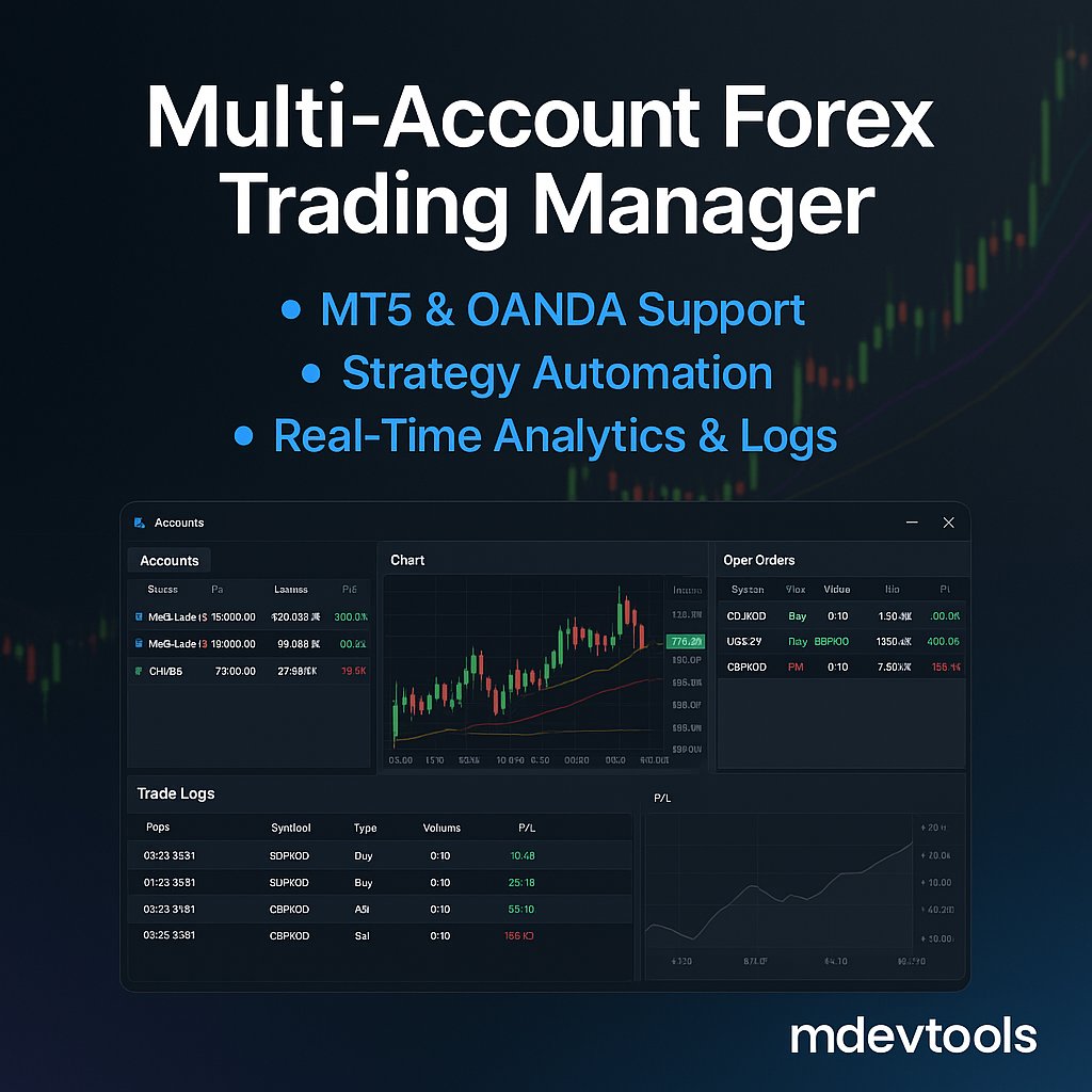 mdevtools's tweet image. 🚨 NEW RELEASE: Multi-Account Forex Trading Manager! 💹

Take your trading game to the next level with our all-in-one software for managing multiple MT5 and OANDA accounts.

✅ Real-time P/L tracking
✅ Strategy automation
✅ Trade logs with filters &amp;amp; charts
✅ Desktop alerts +…