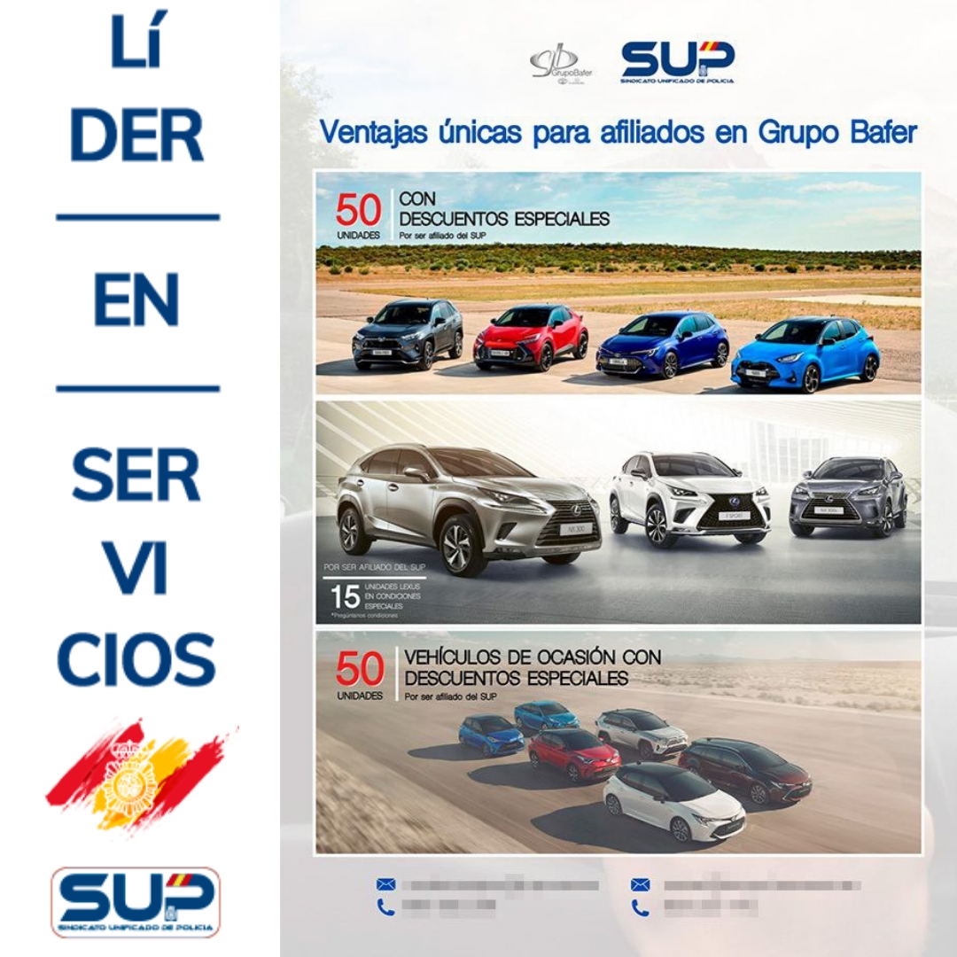 Sup_Policia's tweet image. Solo por ser afiliado al SUP, disfruta de ventajas únicas en una selección de vehículos Lexus y Toyota en Grupo Bafer
– 50 unidades con descuentos especiales.
– 15 unidades Lexus en condiciones especiales.
– 50 vehículos de ocasión con descuentos especiales.
Afíliate y…