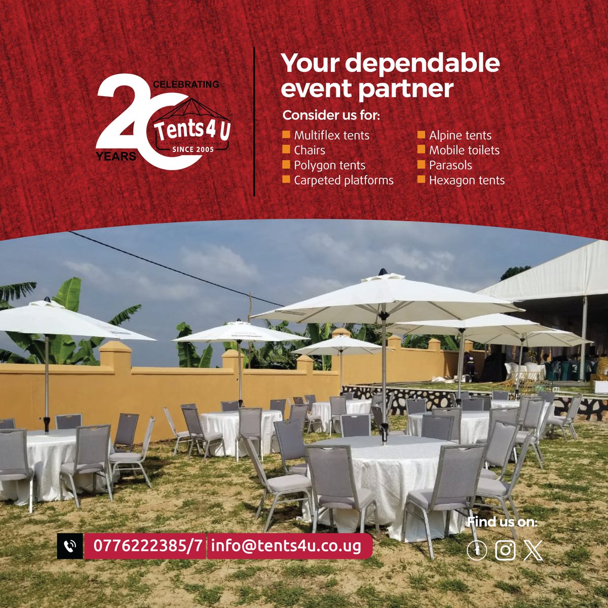 Tents4U Ltd (@tents4uganda) on Twitter photo When it comes to your event, we guarantee reliable and outstanding service every time.
For bookings โ๏ธ +256 0414 222 385, 0393 286042, 0776 222 387
Or send us an email at info@tents4u.co.ug
#Tents4U #Kampala #party #events #Uganda When it comes to your event, we guarantee reliable and outstanding service every time.
For bookings โ๏ธ +256 0414 222 385, 0393 286042, 0776 222 387
Or send us an email at info@tents4u.co.ug
#Tents4U #Kampala #party #events #Uganda