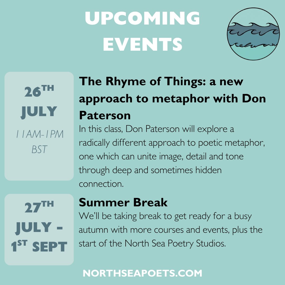 North Sea Poets (@northseapoets) on Twitter photo Coming up on northseapoets.com 🌊
This Saturday! There's still time to book your spot for the next webinar on 26th July: The Rhyme of Things: a new approach to metaphor with Don Paterson <a href="/donpatersonpoet/">don paterson</a>
buff.ly/gM0mf7k
#Poetry Coming up on northseapoets.com 🌊
This Saturday! There's still time to book your spot for the next webinar on 26th July: The Rhyme of Things: a new approach to metaphor with Don Paterson <a href="/donpatersonpoet/">don paterson</a>
buff.ly/gM0mf7k
#Poetry