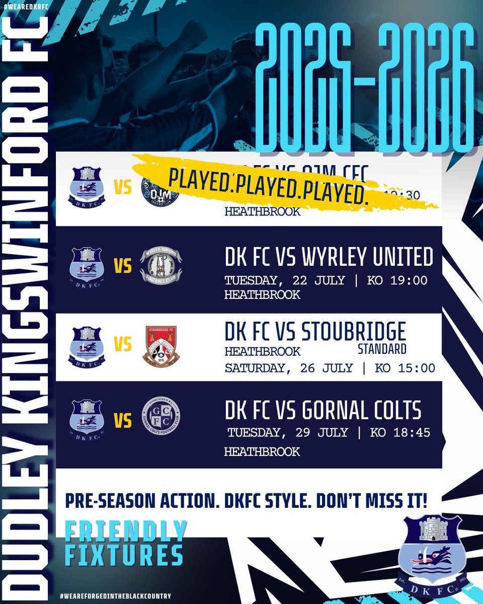 Dudley Kingswinford FC (@dkfootballclub) on Twitter photo ⚽ Pre-season rolls on…next up!
The DKFC boys are back in action this Tuesday for the second of four summer friendlies.
📅 Tues 22 July
🆚 Wyrley United
📍 Dudley Kingswinford RFC
⏰ Kick-off: 7PM
<a href="/sockshopuk/">SOCKSHOP</a> <a href="/mapleworkwear/">Maple Workwear</a> <a href="/rajputwallheath/">Rajput Indian cuisine</a> <a href="/WyrleyF/">Wyrley United FC</a> #DKFC ⚽ Pre-season rolls on…next up!
The DKFC boys are back in action this Tuesday for the second of four summer friendlies.
📅 Tues 22 July
🆚 Wyrley United
📍 Dudley Kingswinford RFC
⏰ Kick-off: 7PM
<a href="/sockshopuk/">SOCKSHOP</a> <a href="/mapleworkwear/">Maple Workwear</a> <a href="/rajputwallheath/">Rajput Indian cuisine</a> <a href="/WyrleyF/">Wyrley United FC</a> #DKFC