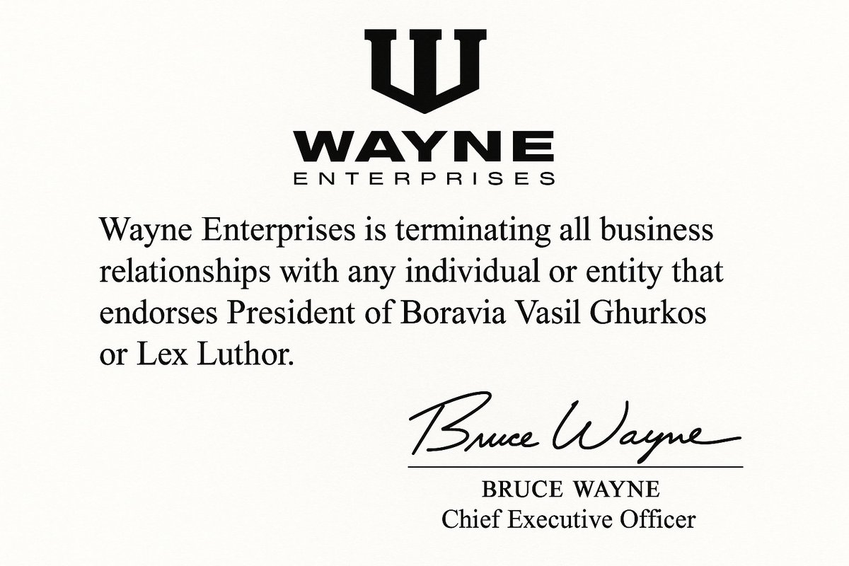 WayneEntHQ's tweet image. Wayne Enterprises has initiated full protocol lockdown on external collaborations involving Boravia and LexCorp sympathizers.
Our position is non-negotiable.
Ms @GothamsElise, Shadow Protocol Officer – Chairman Wing, is now overseeing enforcement.
– Wayne Enterprises