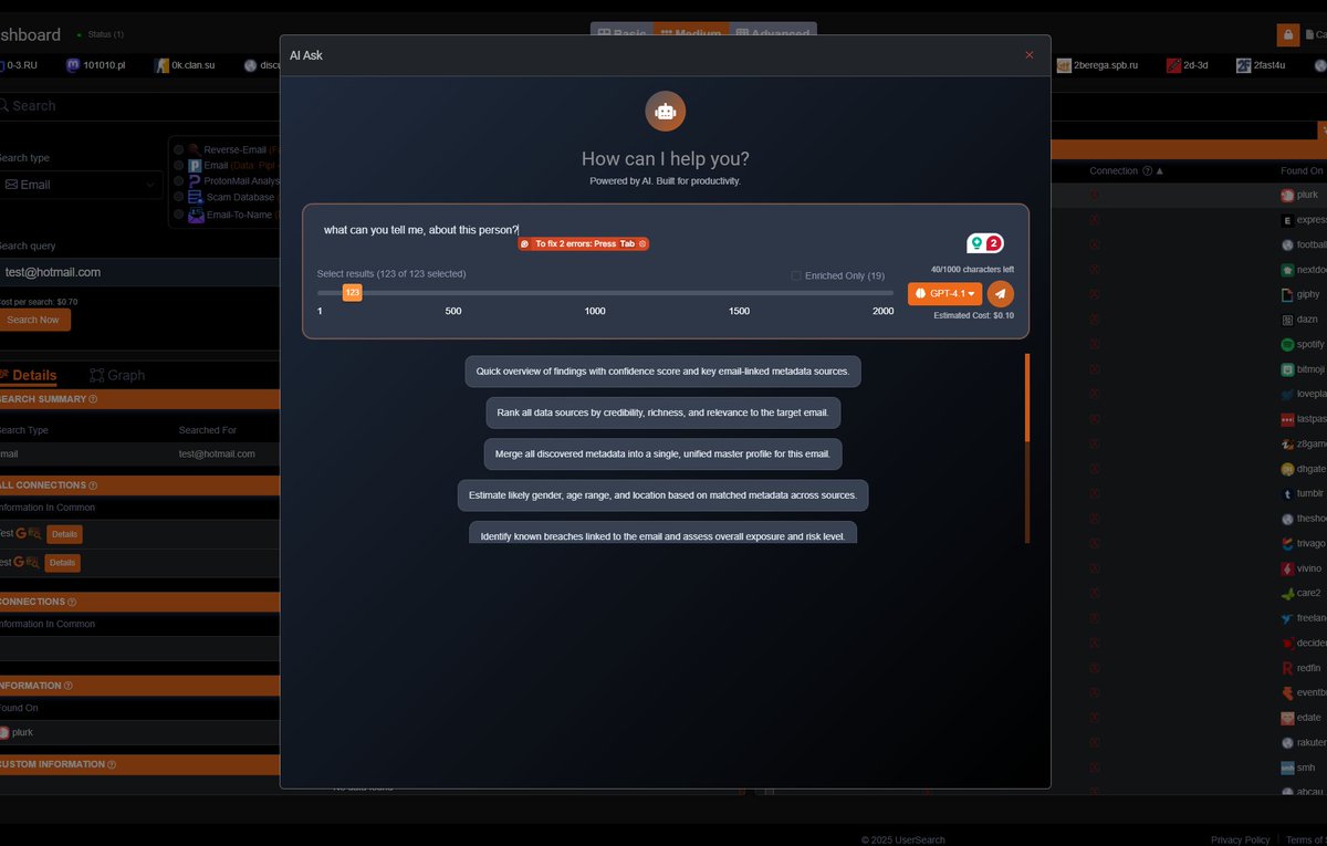 Usersearch_web's tweet image. 👉Launched Today: Fully Integrated GPT &amp;amp; Grok! 🚀

We have fully integrated AI.  Task it to review your data within UserSearch.ai.

• Seamlessly have GPT or Grok review all your search results—from OSINT Industries, Epieos, Predict Search &amp;amp; more—in one platform

•…
