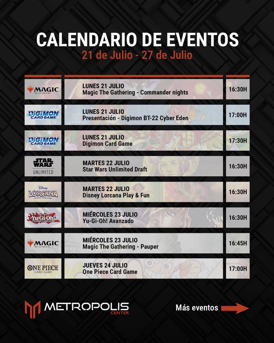 MetropolisCnter's tweet image. 🗓️ Aquí tenéis el calendario de eventos semanal de #metropoliscenter
✅ Desde eventos para principiantes, hasta eventos avanzados, donde destacamos las múltiples presentaciones de #edgeofeternities por todo lo alto, y el esperado Booster pack launch Event de #gundam , así como…