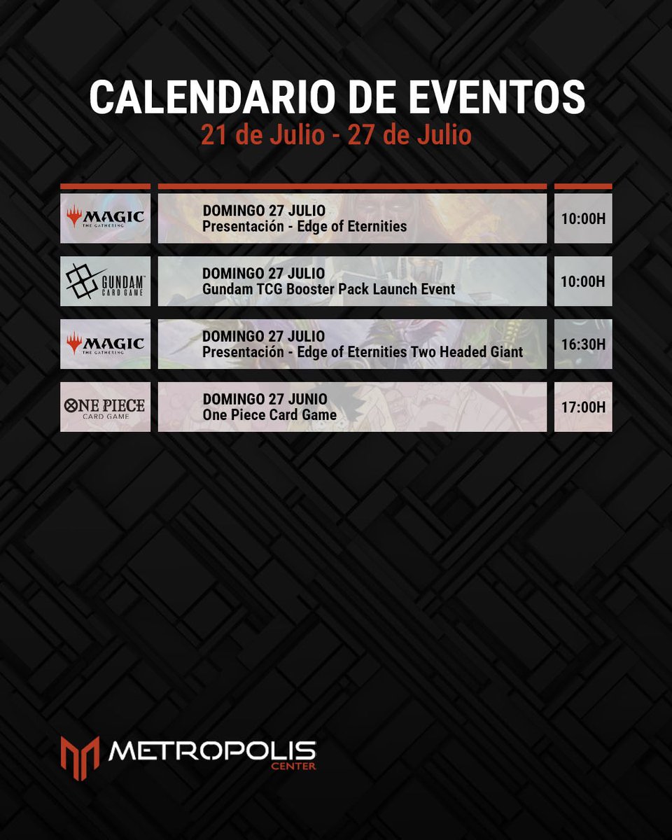 MetropolisCnter's tweet image. 🗓️ Aquí tenéis el calendario de eventos semanal de #metropoliscenter
✅ Desde eventos para principiantes, hasta eventos avanzados, donde destacamos las múltiples presentaciones de #edgeofeternities por todo lo alto, y el esperado Booster pack launch Event de #gundam , así como…