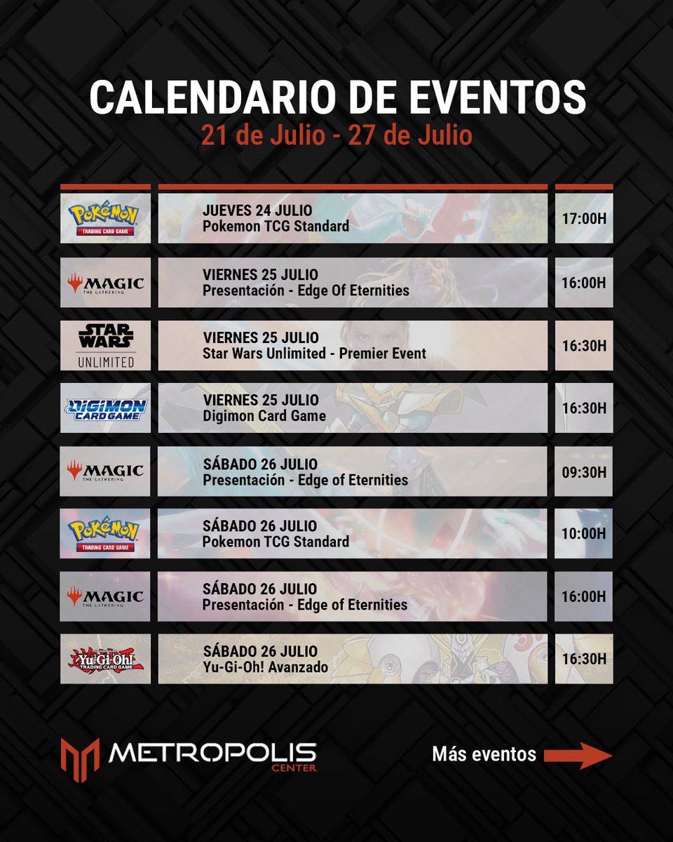 MetropolisCnter's tweet image. 🗓️ Aquí tenéis el calendario de eventos semanal de #metropoliscenter
✅ Desde eventos para principiantes, hasta eventos avanzados, donde destacamos las múltiples presentaciones de #edgeofeternities por todo lo alto, y el esperado Booster pack launch Event de #gundam , así como…