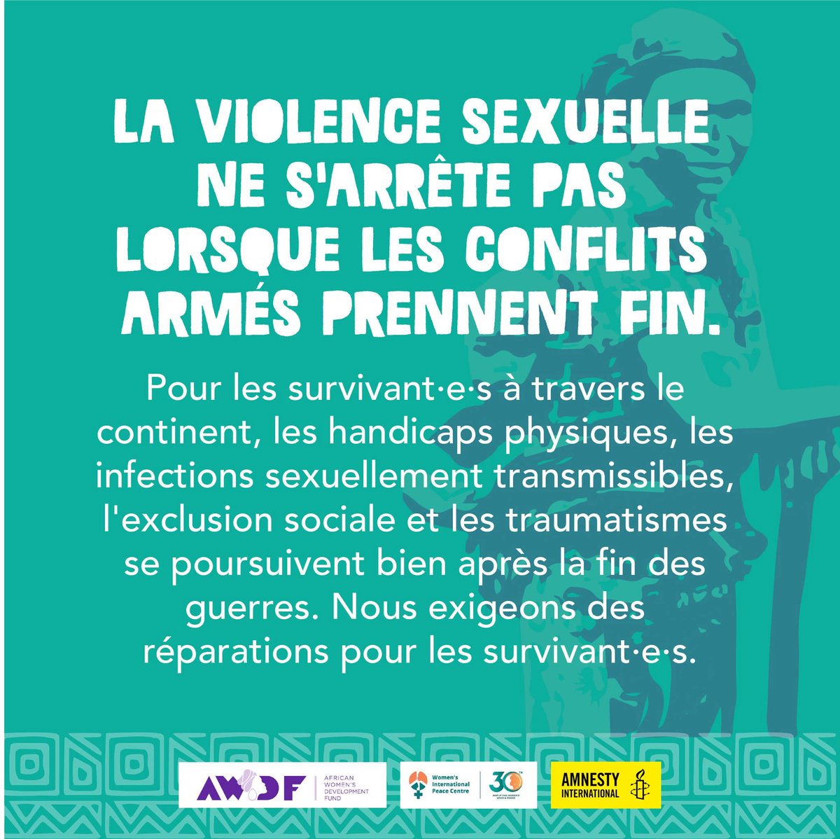 Les femmes, les filles et les personnes de genre divers en subissent les traumatismes immédiats... et les conséquences à vie.
Les survivant·e·s méritent des réparations, des soins médicaux, un soutien psychosocial – et surtout, la JUSTICE. L’impunité doit cesser.