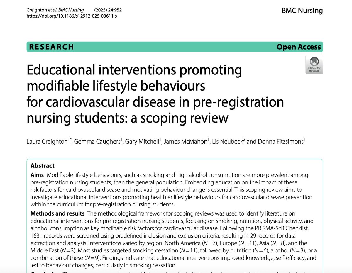 Laura Creighton (@lcreightonrn) on Twitter photo Delighted to see the scoping review from my #PhD #ASMOSUSresource #CVDprevention published today in <a href="/BioMedCentral/">BMC</a> #nursing journal. Thank you to all the team involved in the scoping review
bmcnurs.biomedcentral.com/articles/10.11β¦
π« An Educational intervention about CVD prevention π¬πΊπββοΈπ Delighted to see the scoping review from my #PhD #ASMOSUSresource #CVDprevention published today in <a href="/BioMedCentral/">BMC</a> #nursing journal. Thank you to all the team involved in the scoping review
bmcnurs.biomedcentral.com/articles/10.11β¦
π« An Educational intervention about CVD prevention π¬πΊπββοΈπ