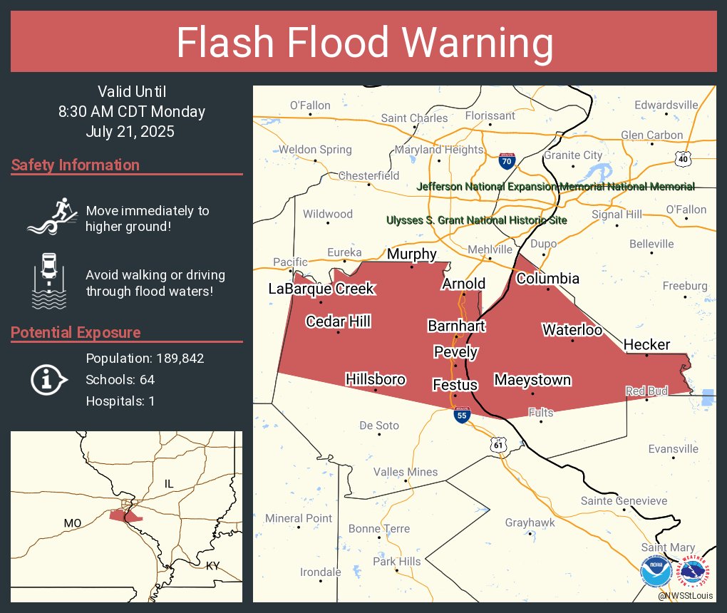 NWSStLouis's tweet image. Flash Flood Warning including Arnold MO, Festus MO and Waterloo IL until 8:30 AM CDT