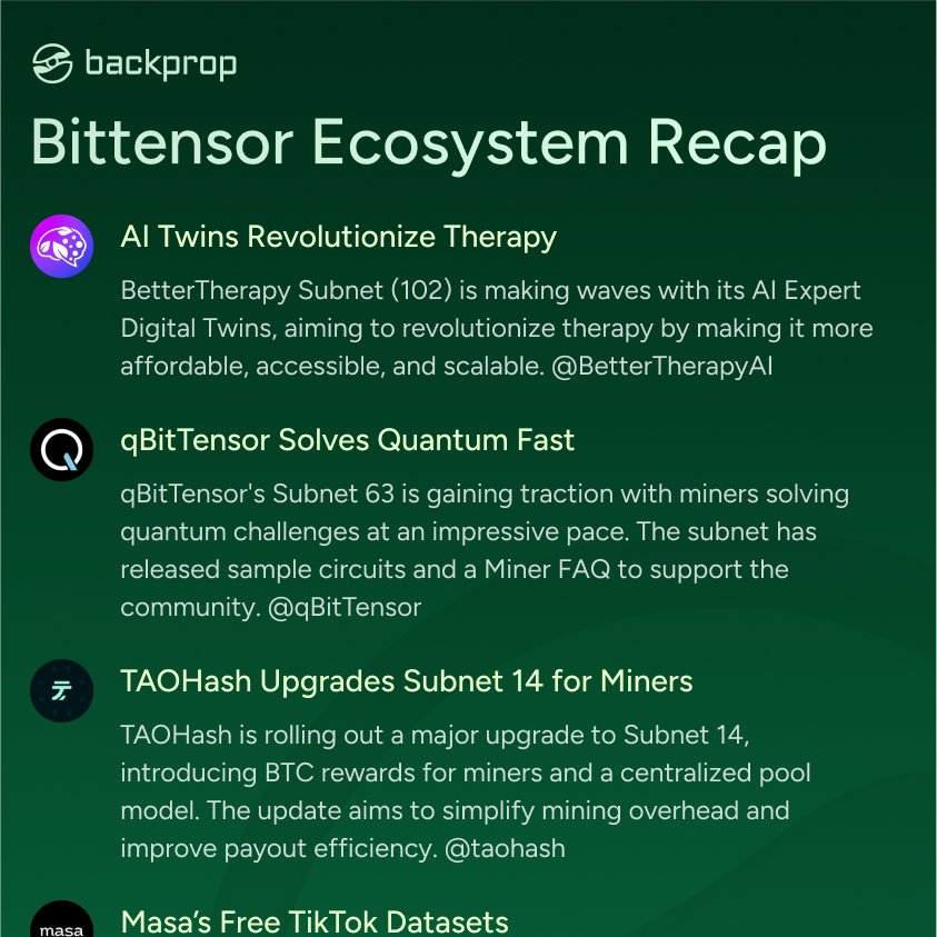 axionyu's tweet image. Bittensor Subnet Ecosystem Recap for the Week!
AI Twins Revolutionize Therapy @BetterTherapyAI
qBitTensor Solves Quantum Fast @qBitTensor
TAOHash Upgrades Subnet 14 for Miners @taohash
Masa’s Free TikTok Datasets @getmasafi
Bitcast Expands Creator Network @Bitcast_network
