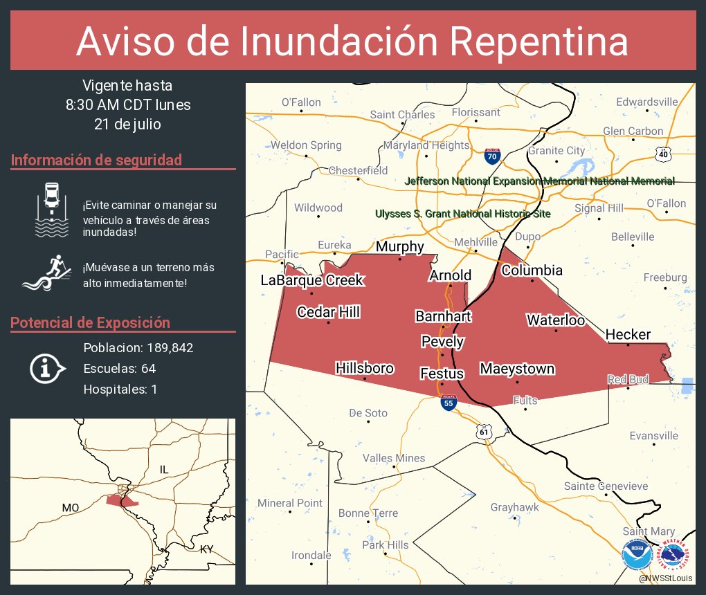 NWSStLouis's tweet image. Aviso de Inundación Repentina incluye Arnold MO, Festus MO, Waterloo IL hasta las 8:30 AM CDT