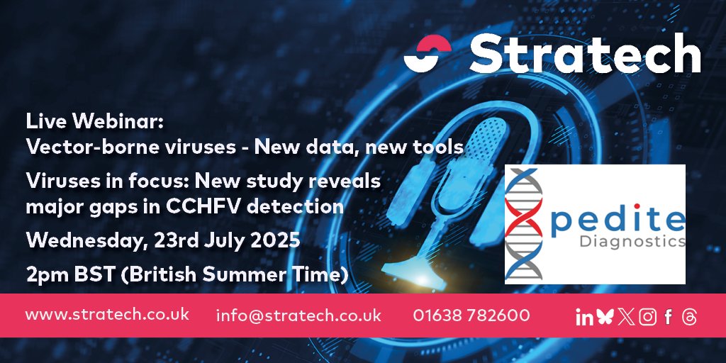 Stratech_UK's tweet image. Tomorrow! 📽️ Live #Webinar - Vector-borne viruses: new data, new tools with @XpediteDx
💡Viruses in focus:
New study reveals major gaps in #CCHFV detection
📅Wednesday 23rd July 2025, 2pm BST
Register:🔗tinyurl.com/mshyn3yf
#genomes #genomics #diagnostics #DNA