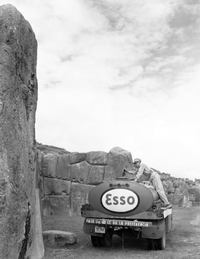 history_rev's tweet image. 'Tank truck driver checking cargo near Inca ruin, Cuzco, Peru, 1955' (Sacsayhuamán).
Photos: University of Louisville, Kentucky/ Standard Oil (New Jersey) Collection