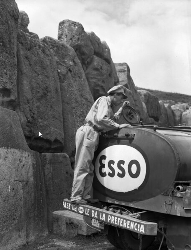 history_rev's tweet image. 'Tank truck driver checking cargo near Inca ruin, Cuzco, Peru, 1955' (Sacsayhuamán).
Photos: University of Louisville, Kentucky/ Standard Oil (New Jersey) Collection