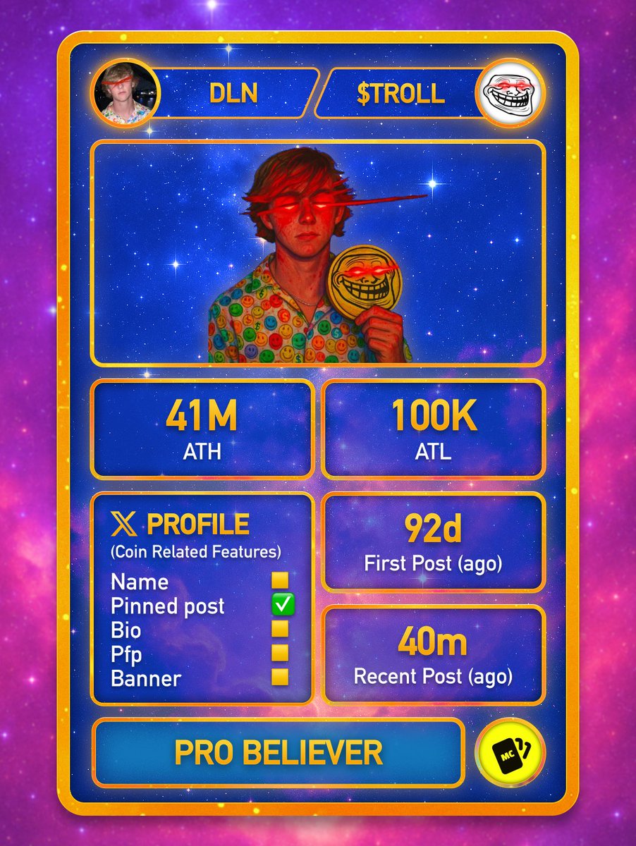 memecardz's tweet image. $TROLL Believer Card 🟡

@xbtDLN has been believing for 92 days, still posting 40 mins ago.

ATH: 41M | ATL: 100K (from day of belief)

X profile: pinned post
