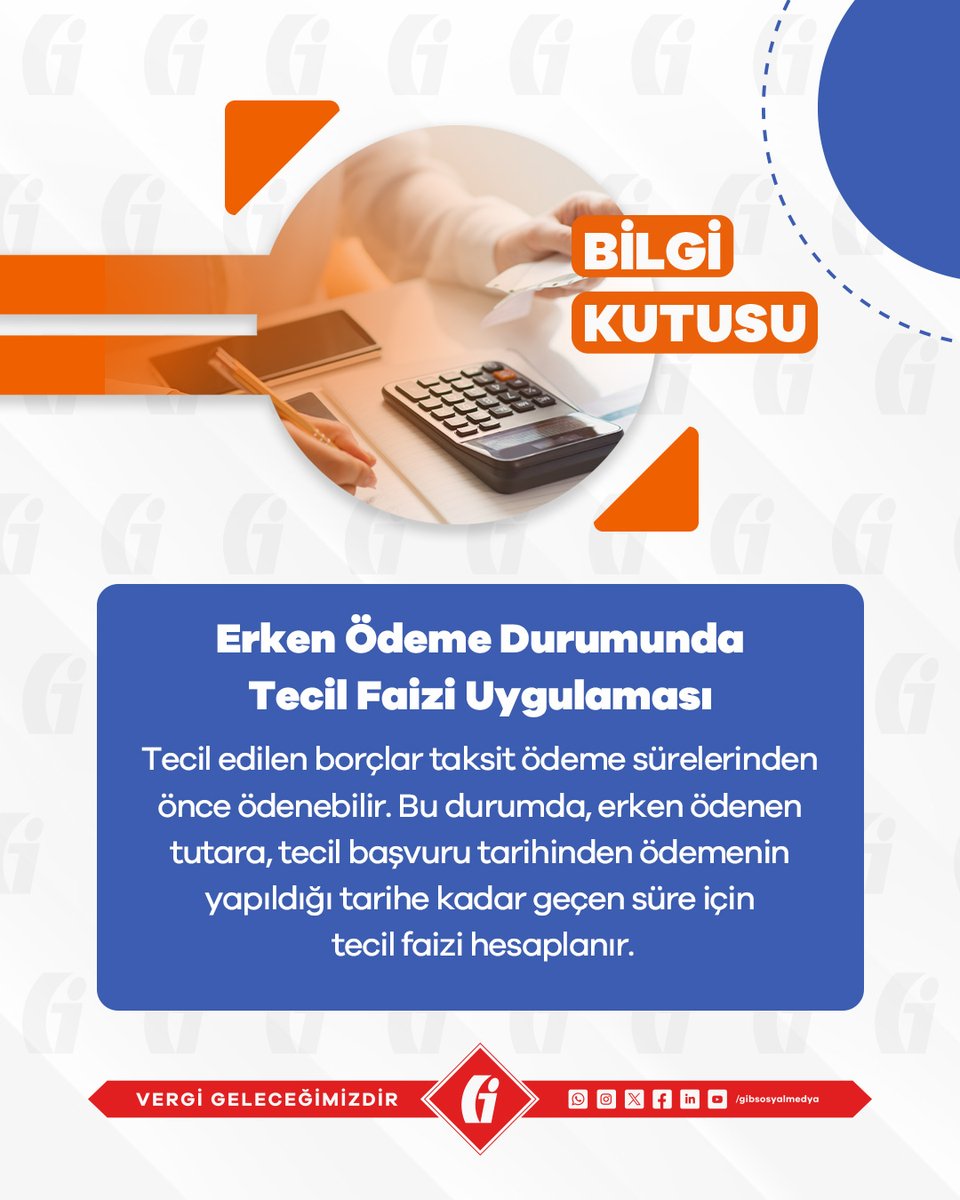 #MevzuatBilgisi✒️Ayrıntılı bilgi için “6183 Sayılı Kanunun 48. Maddesi Kapsamında Tecil ve Taksitlendirme Rehberi”ne sitemizden (gib.gov.tr) ulaşabilirsiniz.

gib.gov.tr/sites/default/…

#GİB #VergiGeleceğimizdir