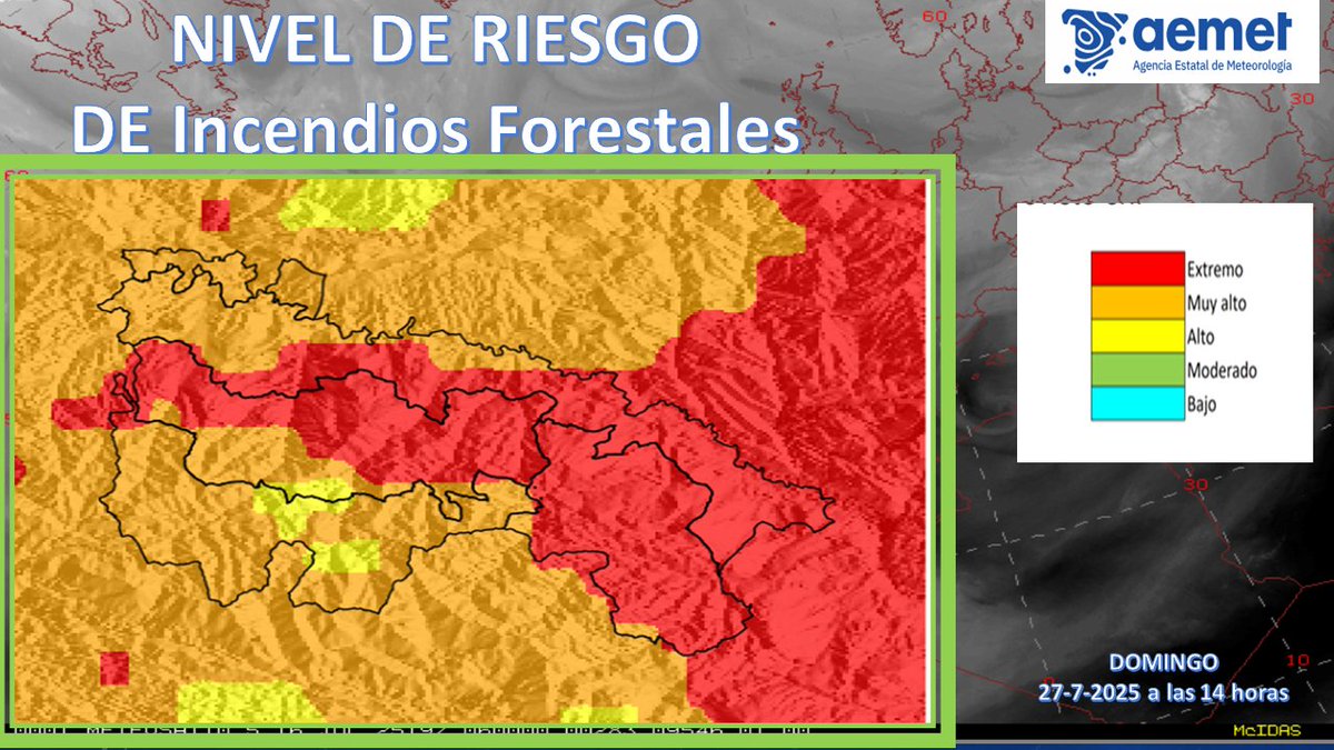 AEMET_LaRioja's tweet photo. Para el domingo 27 de julio parece que se extiende e nivel de riesgo de #IIFF por toda la Rioja Baja, por el #Piedemonte Occidental y por el #Valle, salvo en la #RiojaAlta , donde dicho nivel de riesgo será muy alto. https://t.co/Yqos1J3GQz