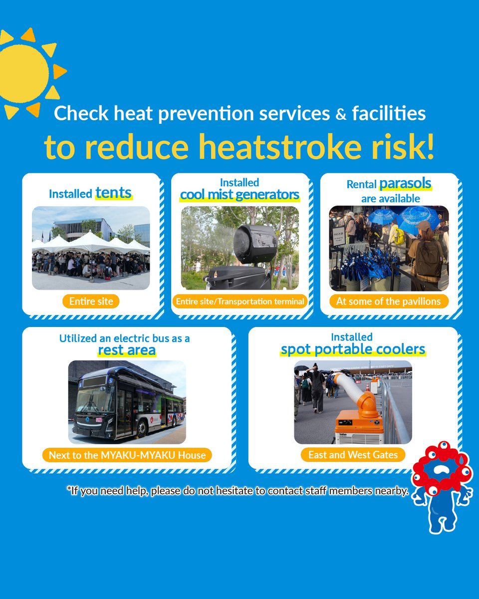 expo2025japan's tweet image. ⚠️Heat prevention measures⚠️
#EXPO2025 strengthened heat prevention measures for visitors.
✅Heat prevention equipment including tents and cool mist
✅Rental parasols, etc.
Please use these services to reduce heatstroke risk.
#HelloEXPO2025