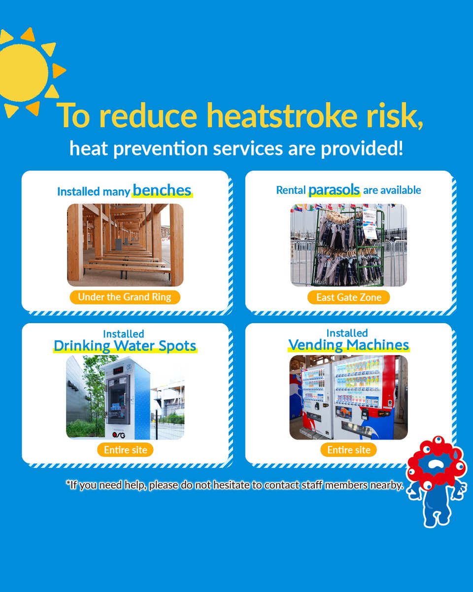 expo2025japan's tweet image. ⚠️Heat prevention measures⚠️
#EXPO2025 strengthened heat prevention measures for visitors.
✅Heat prevention equipment including tents and cool mist
✅Rental parasols, etc.
Please use these services to reduce heatstroke risk.
#HelloEXPO2025