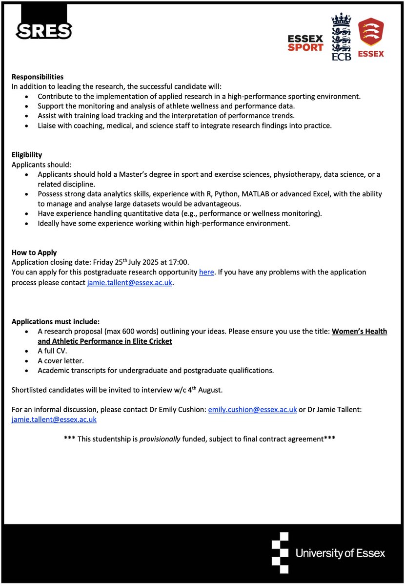 🚨 Final week to apply for a fully funded PhD in Women’s Cricket! 🚨

Researching with the England Women’s Cricket Team and Essex Women’s Cricket Team.

📅 Start date: October 2025

💻 Apply now: www1.essex.ac.uk/pgapply/Login.…