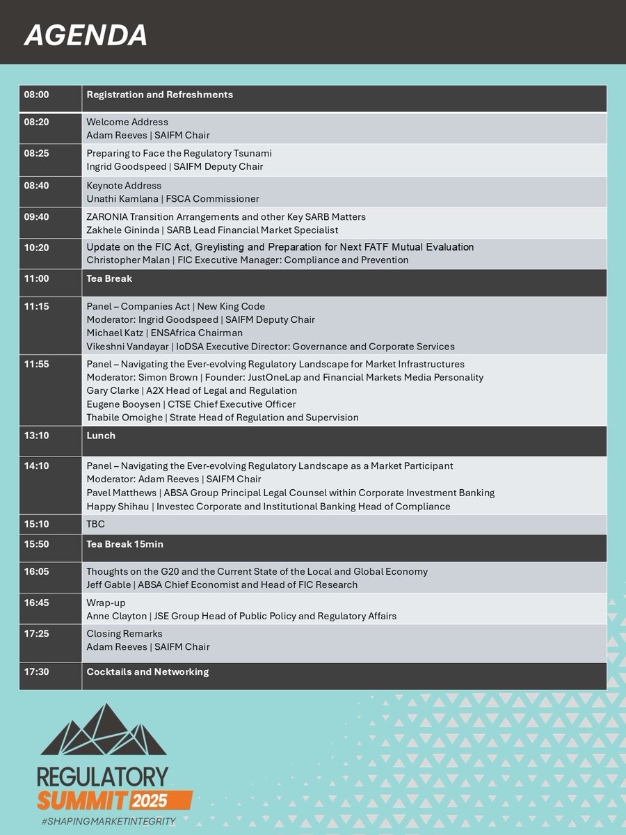 We are pleased to share the full programme for the 9th Annual SAIFM Regulatory Summit, taking place on Friday, 22 August 2025, both in-person at the Southern Sun, Sandton and virtually via our online platform. 

Book your ticket on regulatorysummit.co.za/regulatory-sum…