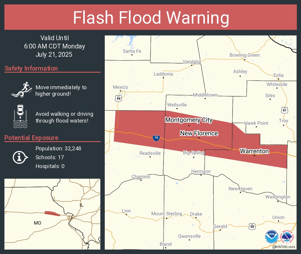 NWSStLouis's tweet image. Flash Flood Warning including Warrenton MO, Wright City MO and Montgomery City MO until 6:00 AM CDT