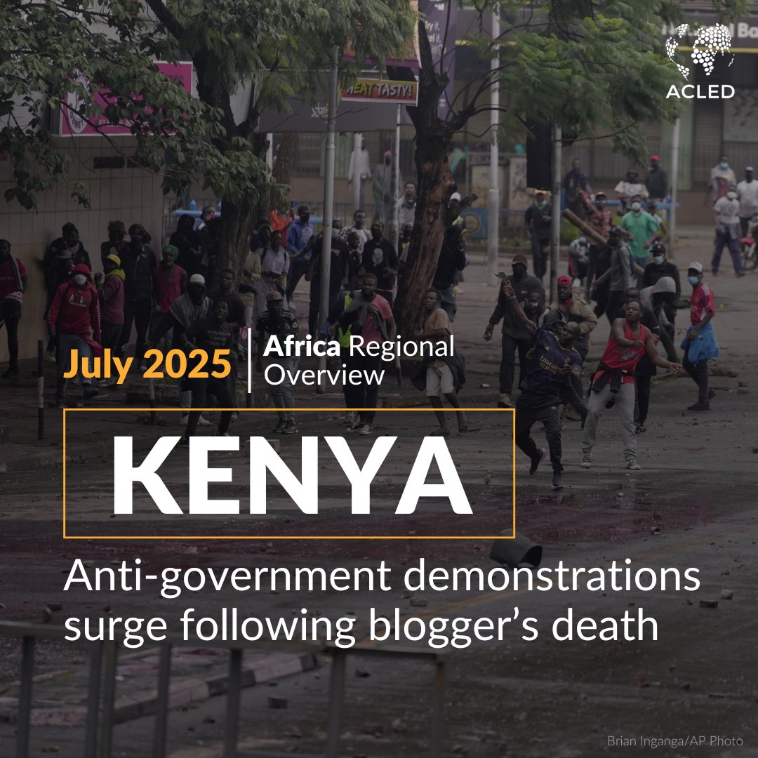 ACLEDINFO's tweet image. Mass anti-government protests swept across #Kenya in June after the death of a teacher & blogger in police custody. ACLED records over 170 demonstrations in 39 counties. Police crackdowns led to at least 20 civilian fatalities & nearly 500 arrests.
More:acleddata.com/2025/07/04/afr…