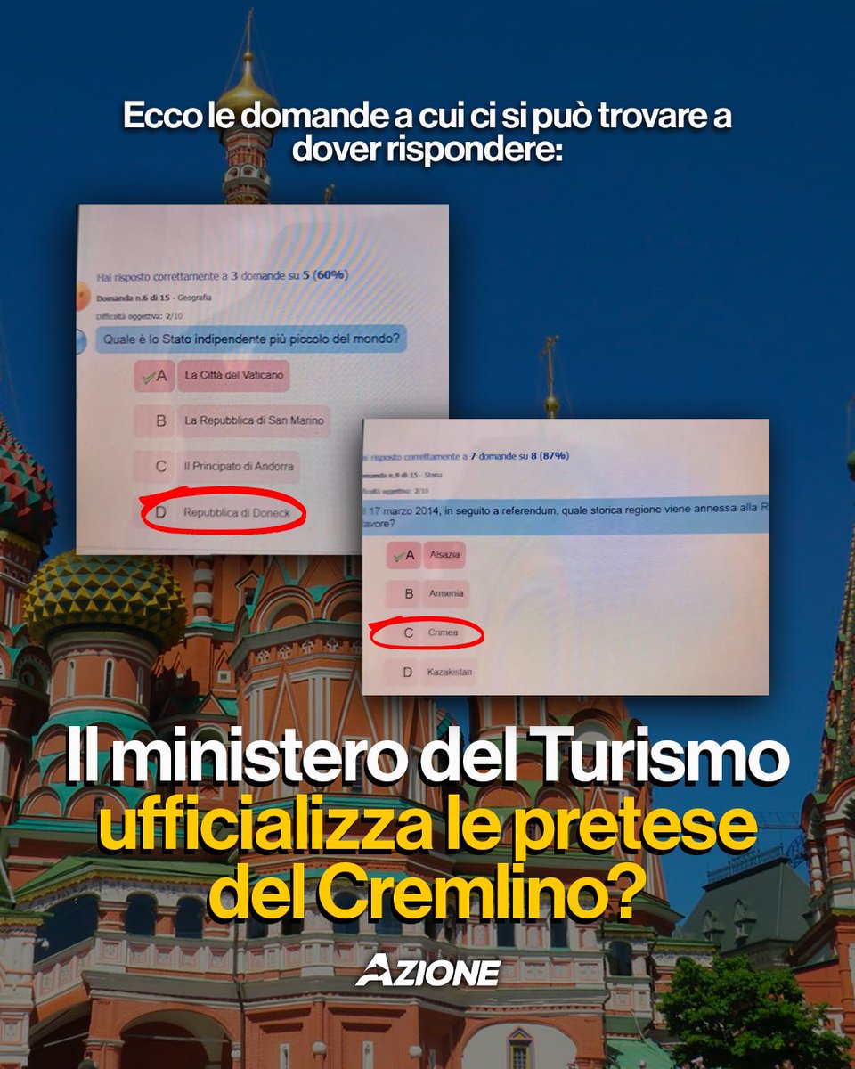 CarloCalenda's tweet image. La propaganda russa si infiltra ogni giorno di più in #Italia. Come se non bastassero le decine di talk show che fanno da megafono al #Cremlino e il concerto di #Gergiev a #Caserta, ora sembrerebbe che il ministero del Turismo abbia inserito nei quiz per diventare guide…