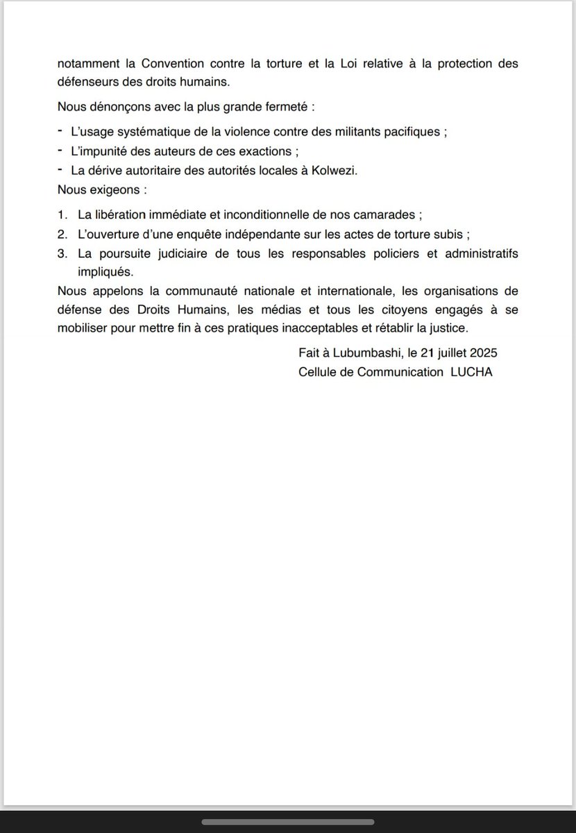 #Kolwezi: Le 20 juillet, nos camarades ont été transférés à la prison centrale de Dilala, où ils ont subi la torture et des traitements inhumains en totale contradiction avec la constitution et les conventions internationales ratifiées.
Nous demandons leur libération immediate.👇🏾