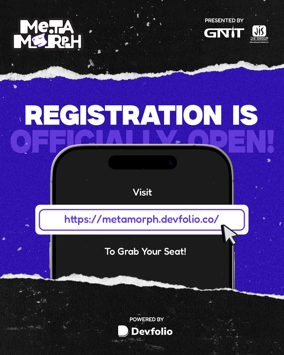 MetaMorph__In's tweet photo. 🚨 REGISTRATIONS LIVE! 🚨
METAMORPH, GNIT’s flagship hackathon, is here!
Coders, creators, changemakers — it’s your time to shine.
💡 Morph ideas into innovation.
🔗 Register: https://t.co/Ygg5RLGsWm
#Metamorph2025 #HackToMorph #GNITHackathon #Devfolio #CodeCreateMorph https://t.co/FKwRNZyrjk
