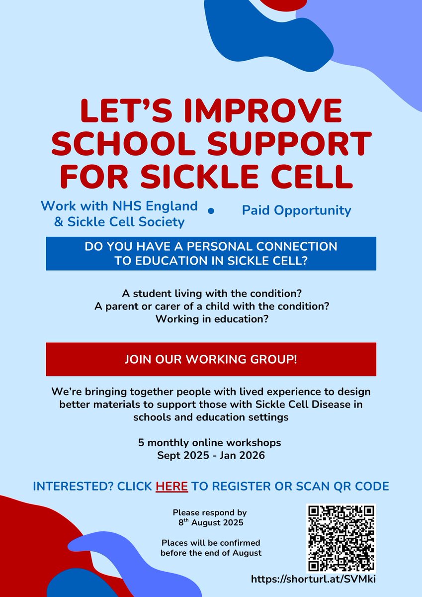 SickleCellUK's tweet image. We're supporting a paid opportunity for people with lived experience of sickle cell or thalassaemia to join a working group to improve school support. Sessions run online from Sept 2025 to Jan 2026. Deadline to register is 8 August. Sign up: buff.ly/TrHQC6p