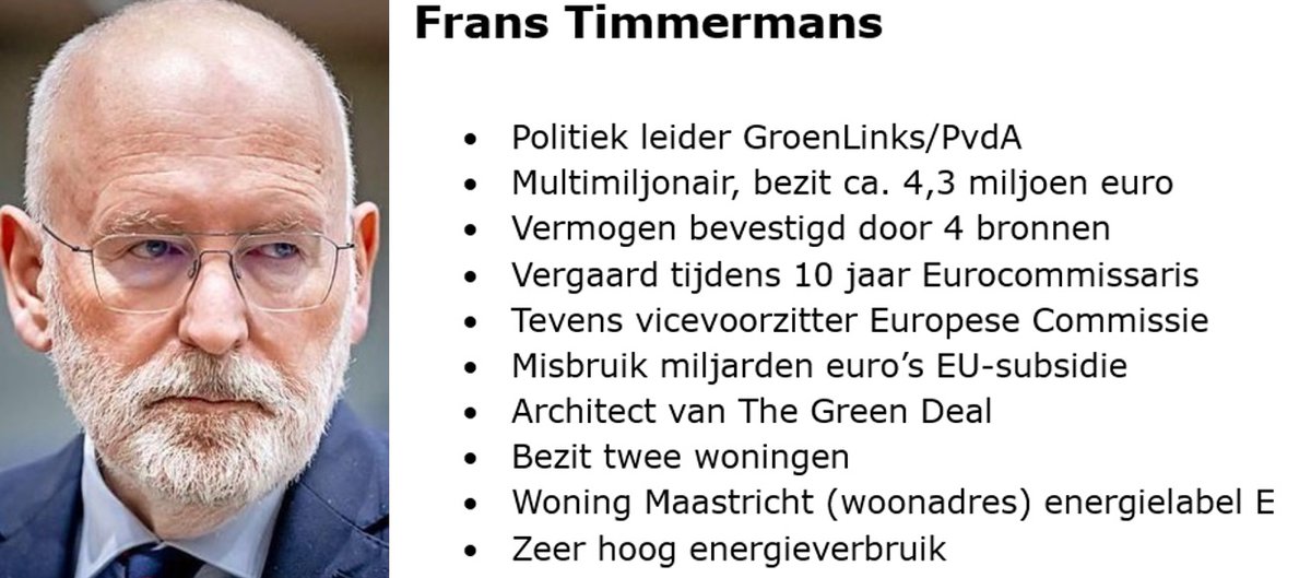 frans_nijhof's tweet image. Houd elkaar vast!
Hypocrisie, huichelarij, schijnheiligheid, farizeïsme, femelarij, veinzerij, valsheid. Al deze woorden hebben een gezicht: multimiljonair Frans Timmermans, politiek leider van GroenLinks/PvdA. Zijn woning heeft energielabel E, vrijwel de laagste kwalificatie.