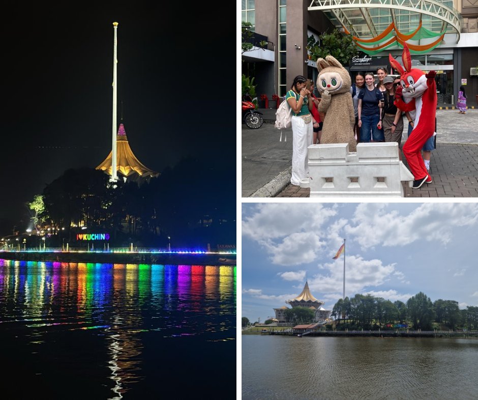 Deanerycofe's tweet photo. Good evening from Kuching!

19/07 After some much-needed sleep, we shook off the jetlag and explored Kuching. Stunning by day, magical by night—Poppy even braved the food! 🌆🍜 #DeaneryonTour #labubu https://t.co/CqIGXE0Z7V