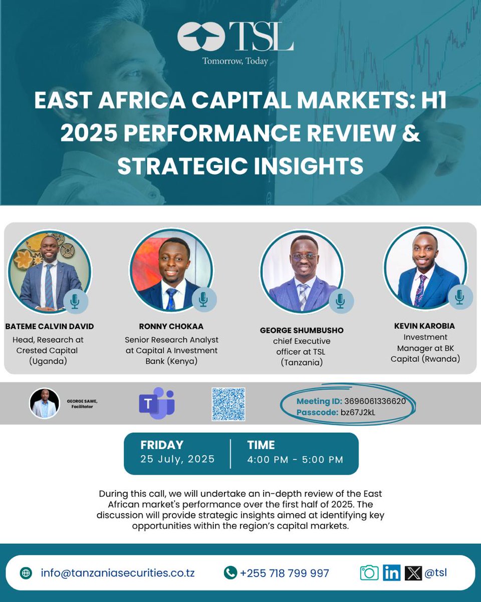 CrestedCapital's tweet image. 📊 Join us for the East Africa Capital Markets: H1 2025 Review &amp;amp; Strategic Insights — a regional deep-dive with expert speakers from Uganda, Kenya, Rwanda &amp;amp; Tanzania (TSL). Get country-specific market analysis &amp;amp; discover key opportunities. link: shorturl.at/iuWAJ