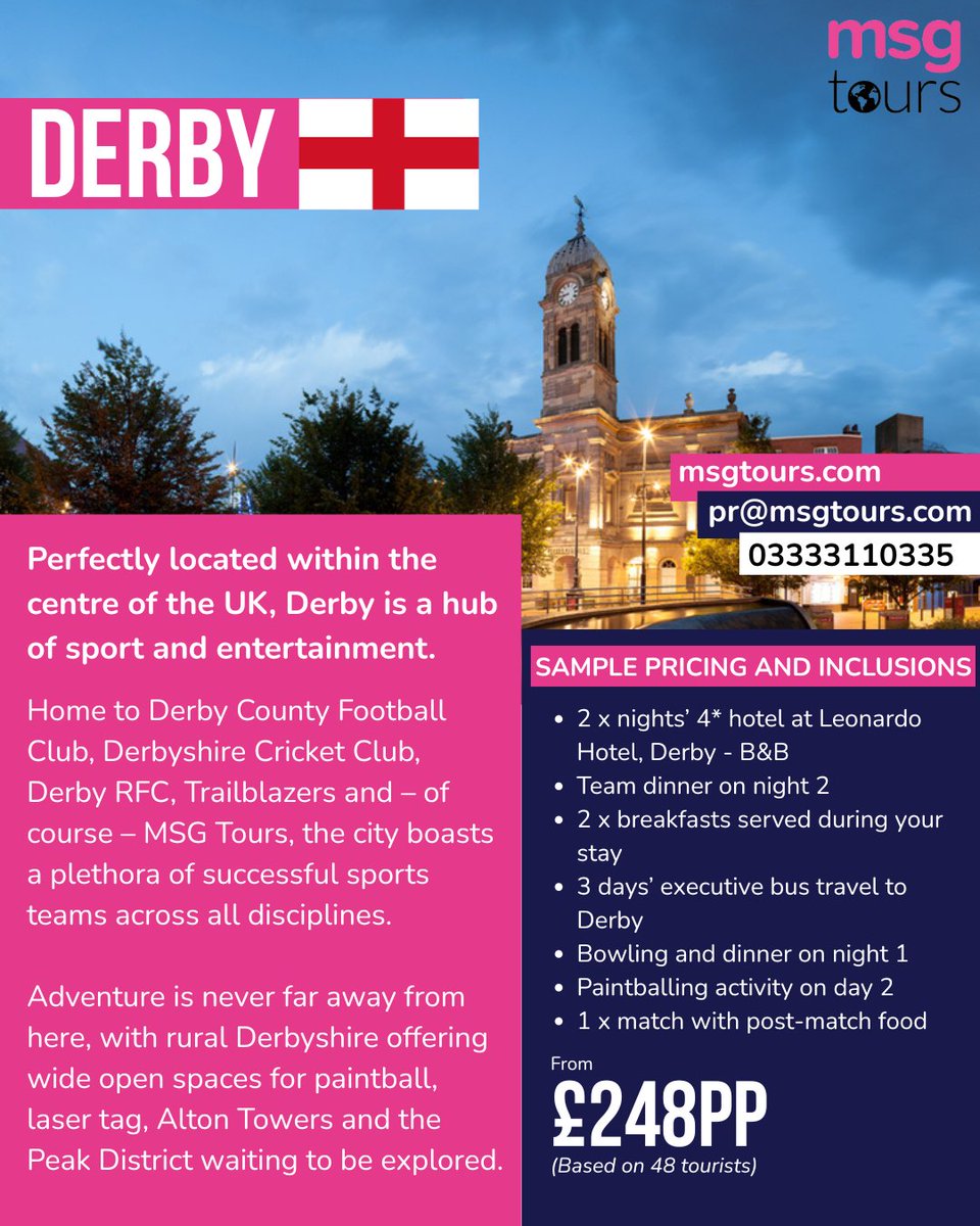 MSG Tours (@msgtours) on Twitter photo Perfectly located within the centre of the UK, Derby is a hub of sport and entertainment. 🏴
Contact us for more information!
Msgtours.com
Pr@msgtours.com
03333110335 Perfectly located within the centre of the UK, Derby is a hub of sport and entertainment. 🏴
Contact us for more information!
Msgtours.com
Pr@msgtours.com
03333110335