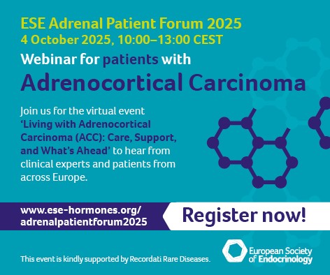 ESEndocrinology's tweet image. Our ESE Adrenal Patient Forum 2025 is for patients with adrenocortical carcinoma (ACC).
Join our clinical experts for this webinar 'Living with Adrenocortical Carcinoma: Care, Support and What's Ahead'.
📅4 October, 10:00-13:00 CEST
Register for free
👉ow.ly/ERAh50W6CAy