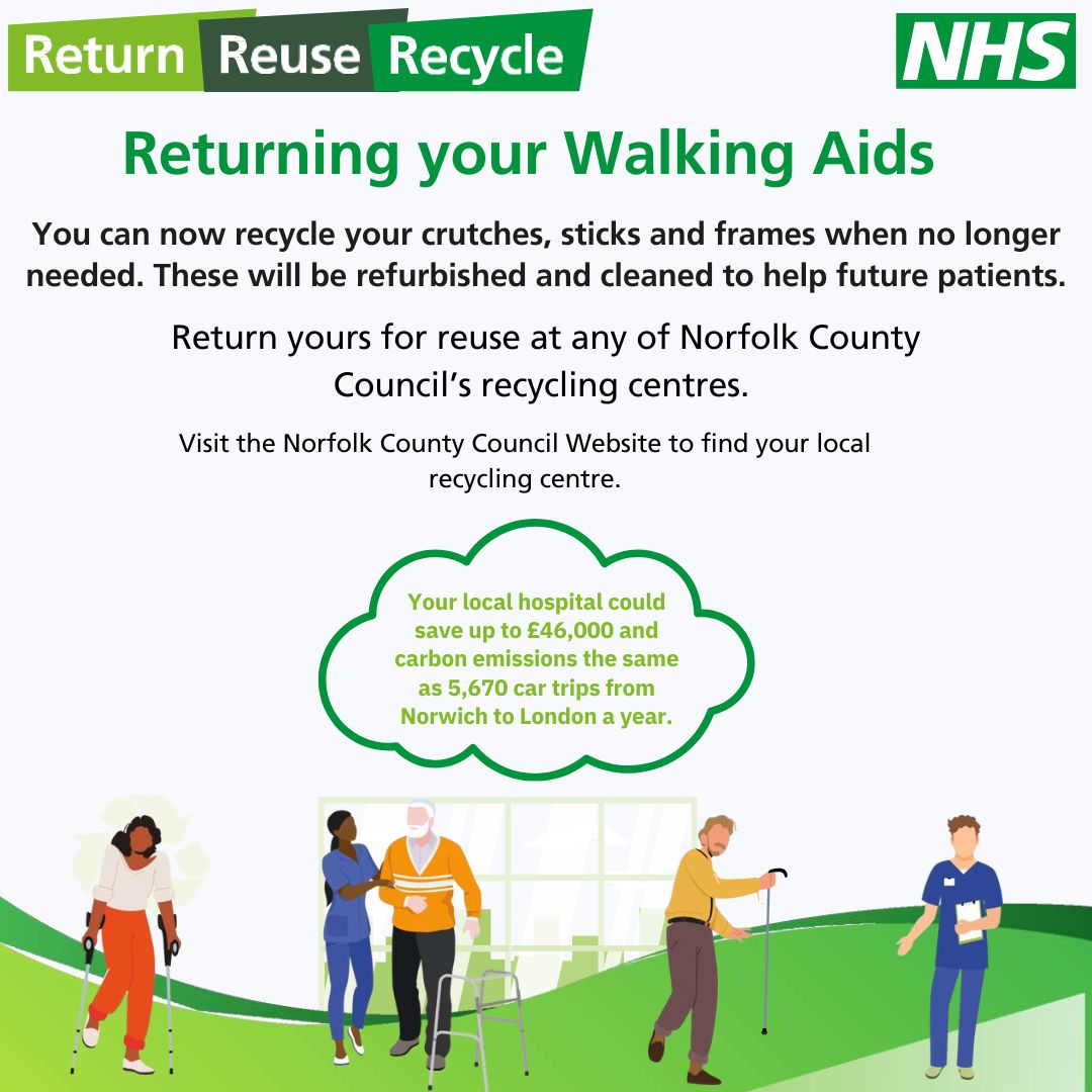 NNUH's tweet image. If you have an old walking aid at home, you can take it to your nearest Norfolk Recycling Centre. No appointment is necessary; simply drop it off at one of the council’s reuse shops.
Find your local recycling centre here: orlo.uk/XoZV1