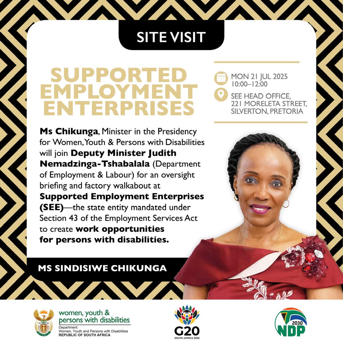 DWYPD_ZA's tweet image. 📍Site Visit | Supported Employment Enterprises
Minister of @DWYPD_ZA, @s_chikunga, will join Deputy Minister Judith Nemadzinga-Tshabalala (Department of Employment and Labour) for an oversight briefing and factory walkabout at Supported Employment Enterprises (SEE).