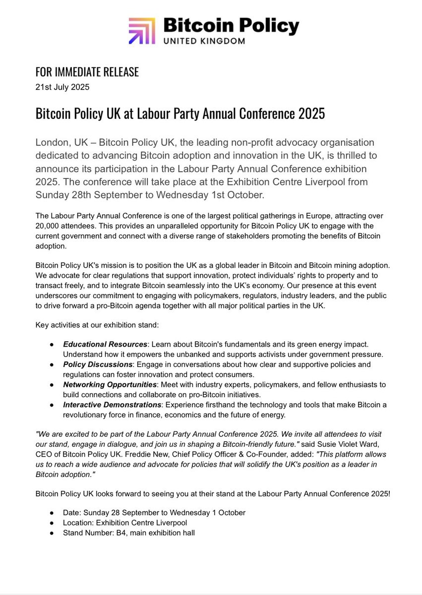 bitcoinpolicyuk's tweet image. 📢 We are thrilled to announce our participation in the @UKLabour Conference 2025!
Join us at Stand B4, Exhibition Centre Liverpool, from 28 Sept to 1 Oct.
Discover how Bitcoin can drive innovation & empower communities. Let's shape a Bitcoin-friendly future together!