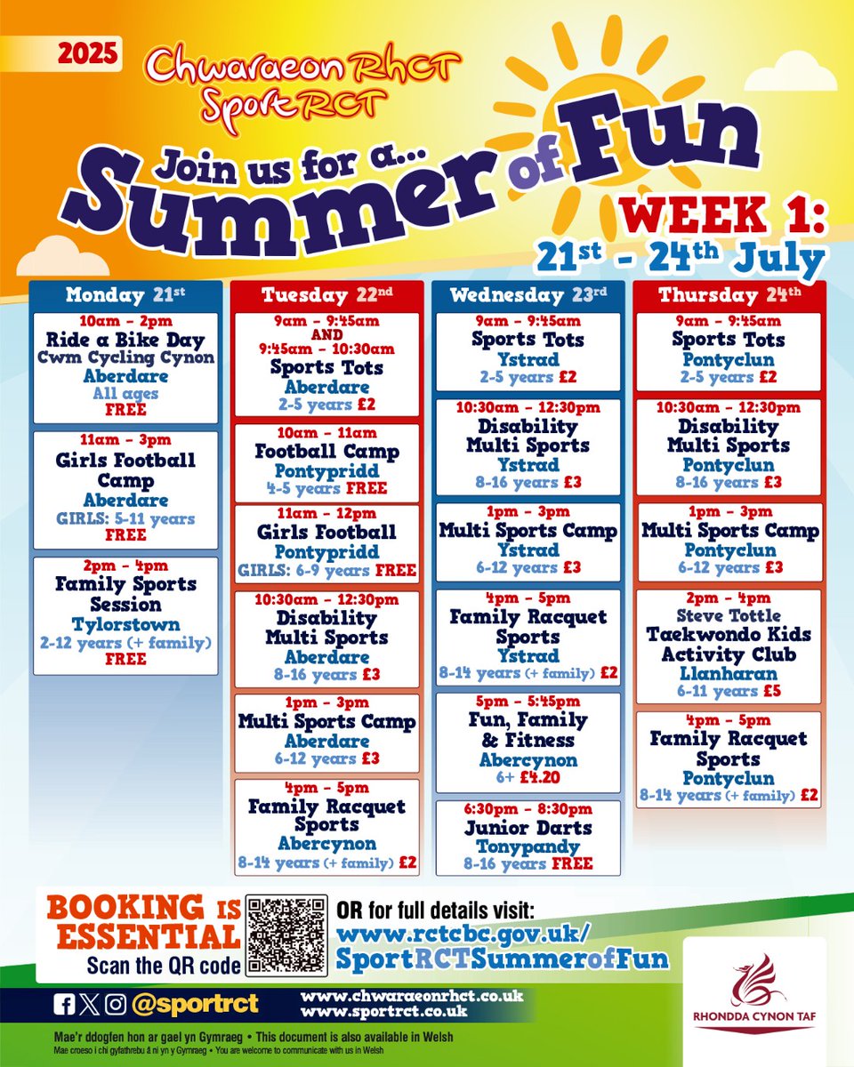 ☀️Week One of the Sport RCT Summer of Fun☀️
 
Who is joining us this week??

⚽️ Football camps
🚲 FREE Bike hire
🏸 Family sports sessions
🏀 Sports Tots
🏐 Multi sports
🎯 Junior darts
🥋 Tae Kwon Do
 
For full details or to book, visit orlo.uk/EjcfC