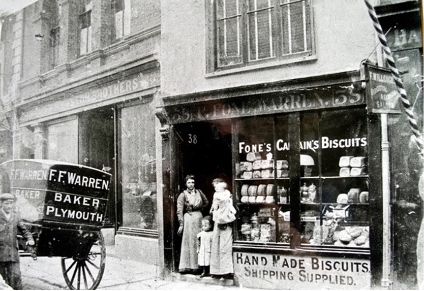 OldEngland1066's tweet image. Warrens Bakery (now known as Jacka Bakery) has been serving customers since the 1600s. Southside street, Plymouth. (Photo c1700s).