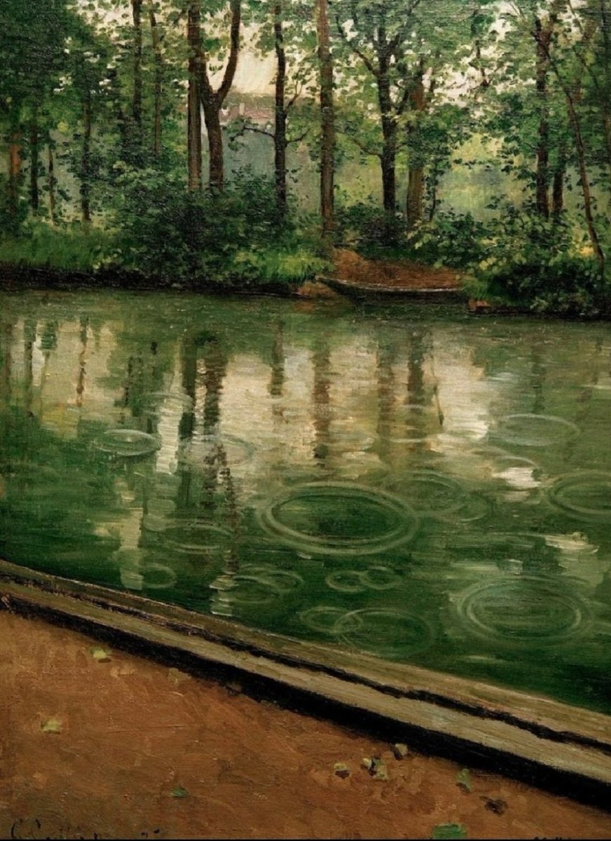ahistoryinart's tweet image. 'The Yerres, Effect of Rain,' (1875) is
Gustav Caillebotte's first pure landscape. His pictures often show isolated figures, giving them a sense of seclusion that can border on the melancholy. In this work, there are no figures, just rain, an empty river and an empty skiff.